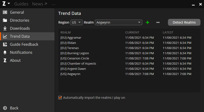 Zygor Client on Trend Data tab